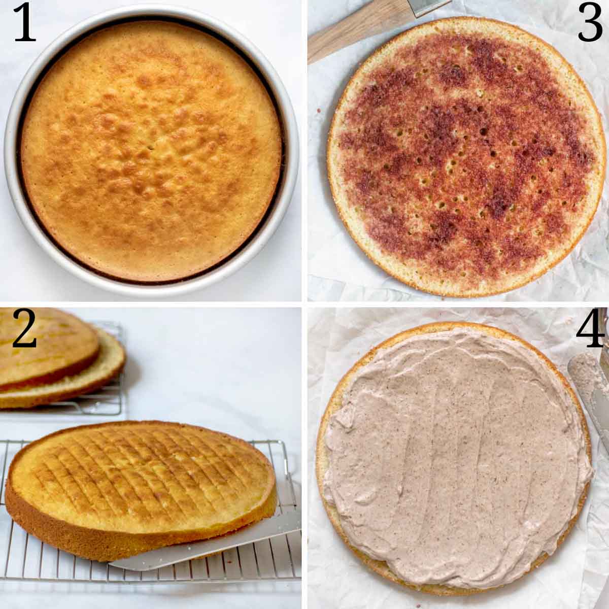 four images showing the assembly of the pomegranate mousse cake
