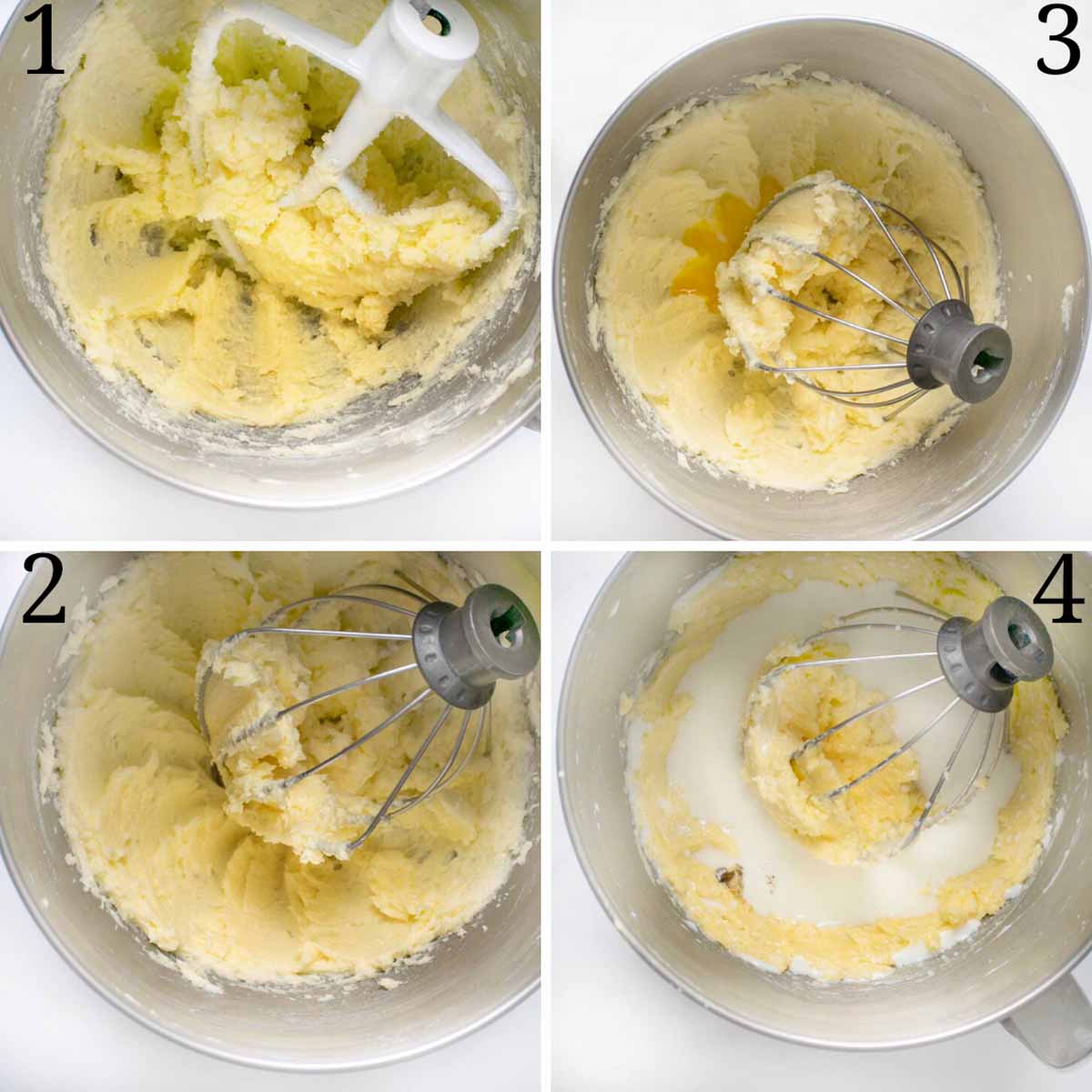 four images showing the first steps in making a yellow cake