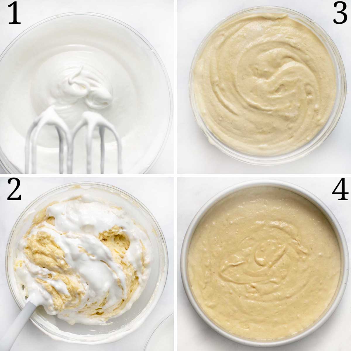 four images showing how to add the egg whites to the yellow cake