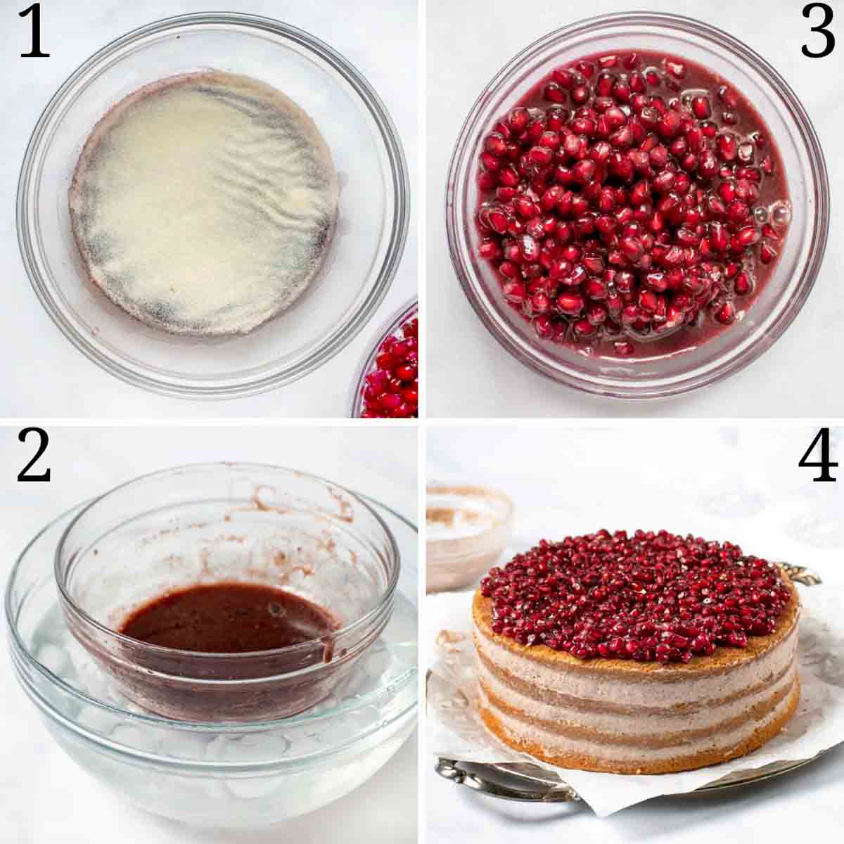 four steps showing how to make the topping for the pomegranate mousse cake