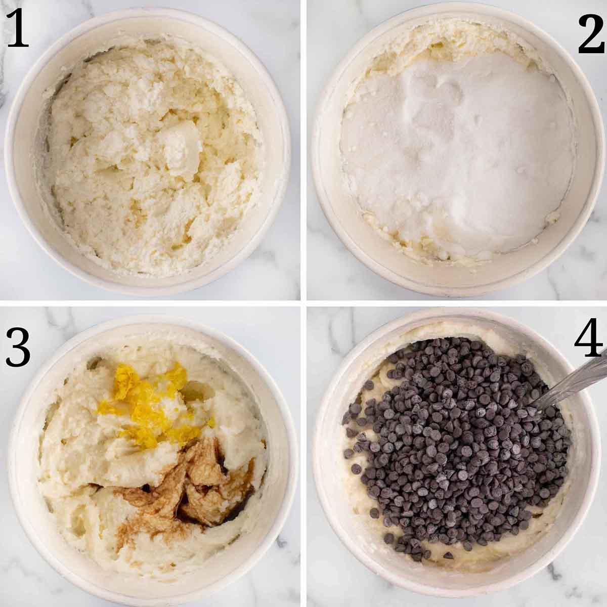 four images showing how to make the cannoli filling