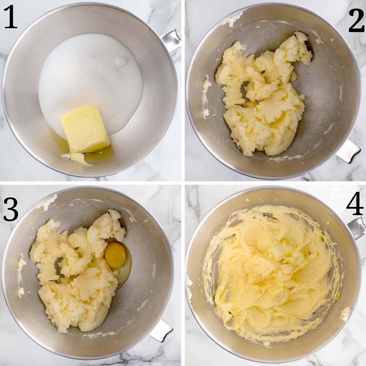 the first four images showing how to make the yellow cake