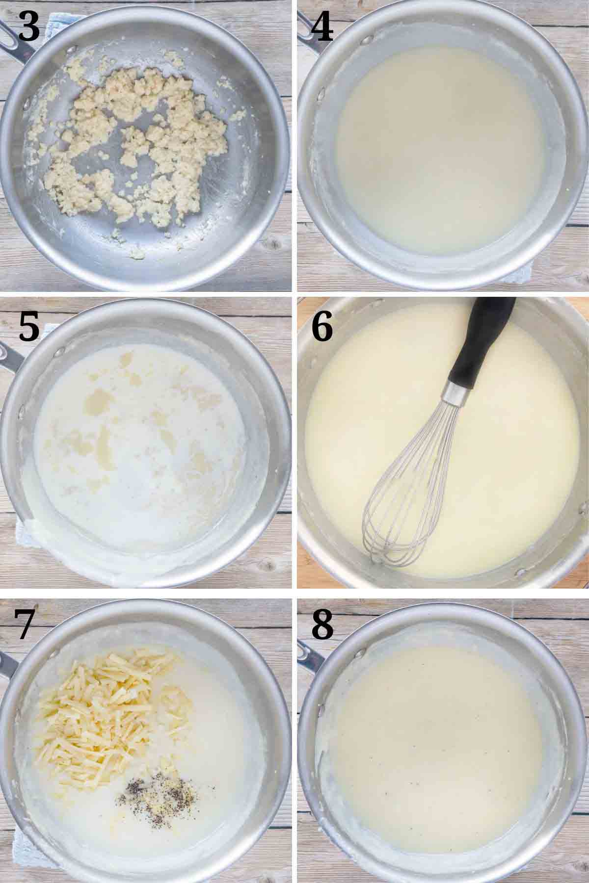 six images showing how to make béchamel sauce and a mornay sauce