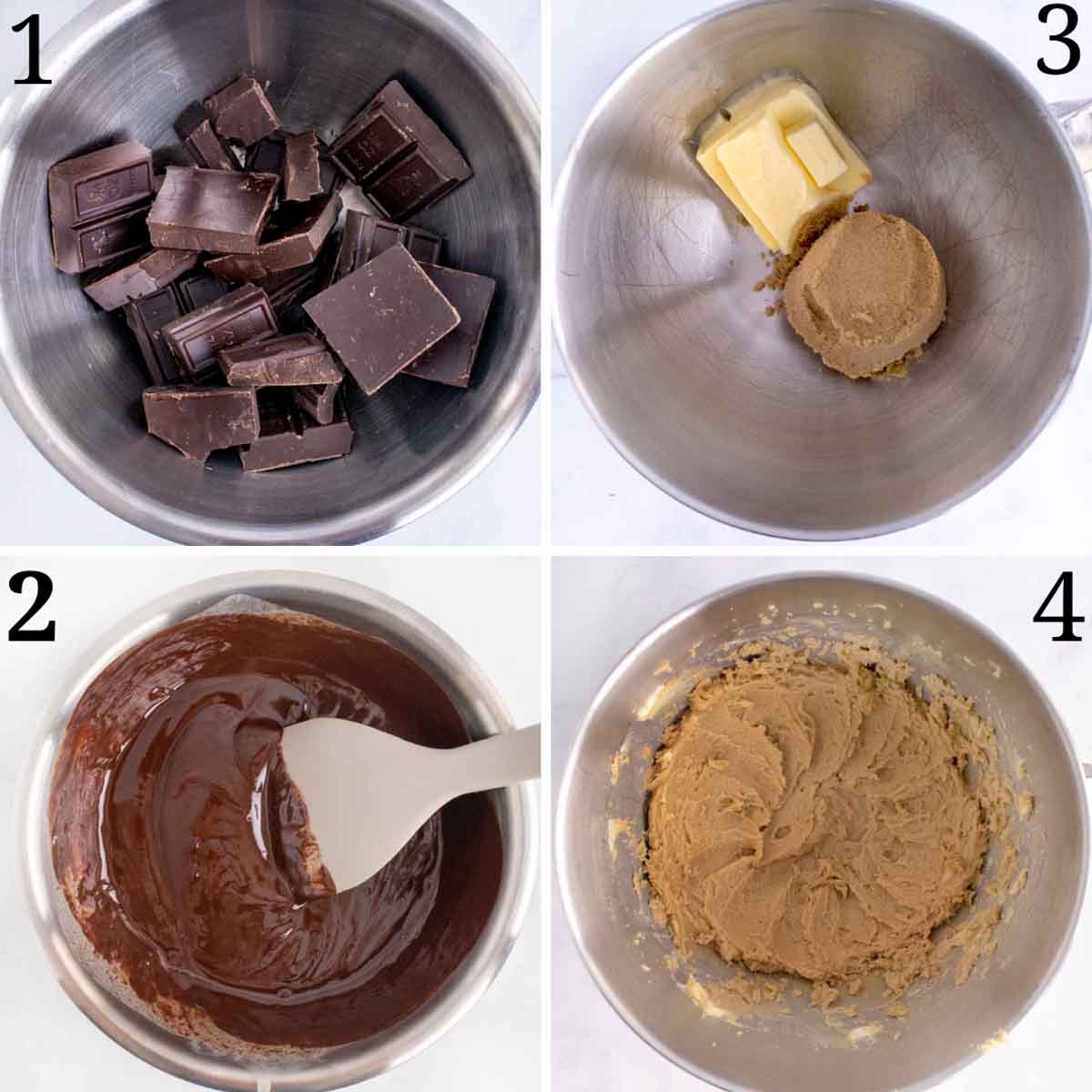 four images showing the first steps in making a chocolate torte