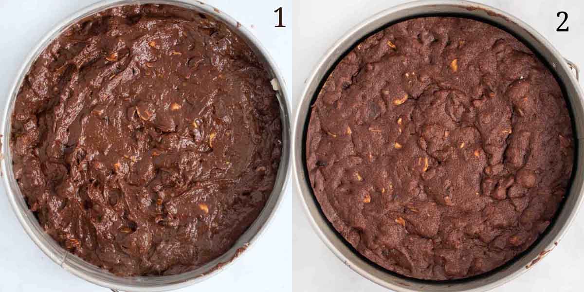 two images, one of the uncooked chocolate batter in the pan and the baked chocolate torte in the pan