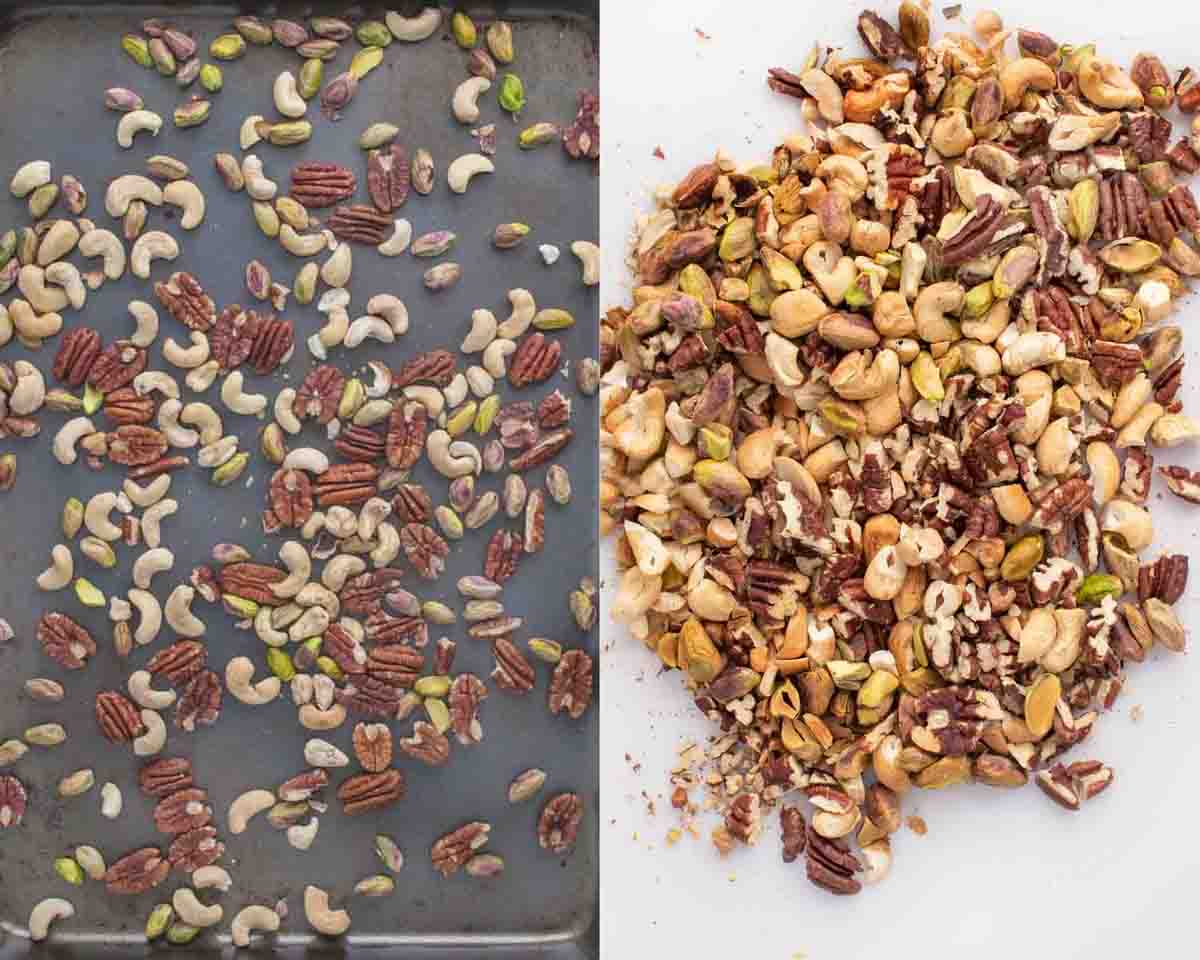 two images, one of the nuts on a sheet pan and the other of the nuts roasted on a cutting board