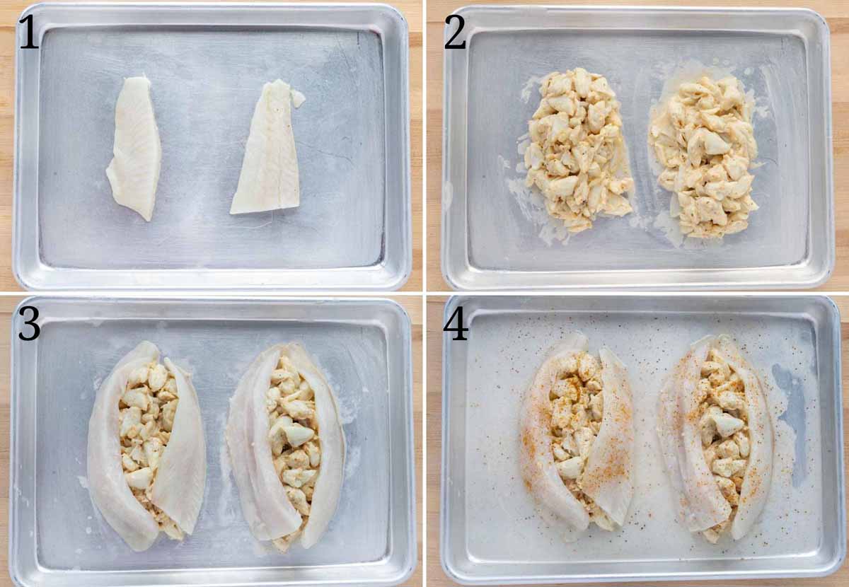 four images showing how to make stuffed flounder