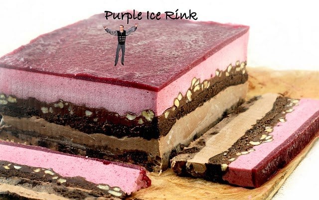 whole entremet with a little cartoon skater on top of "the purple ice rink" with slices along side 