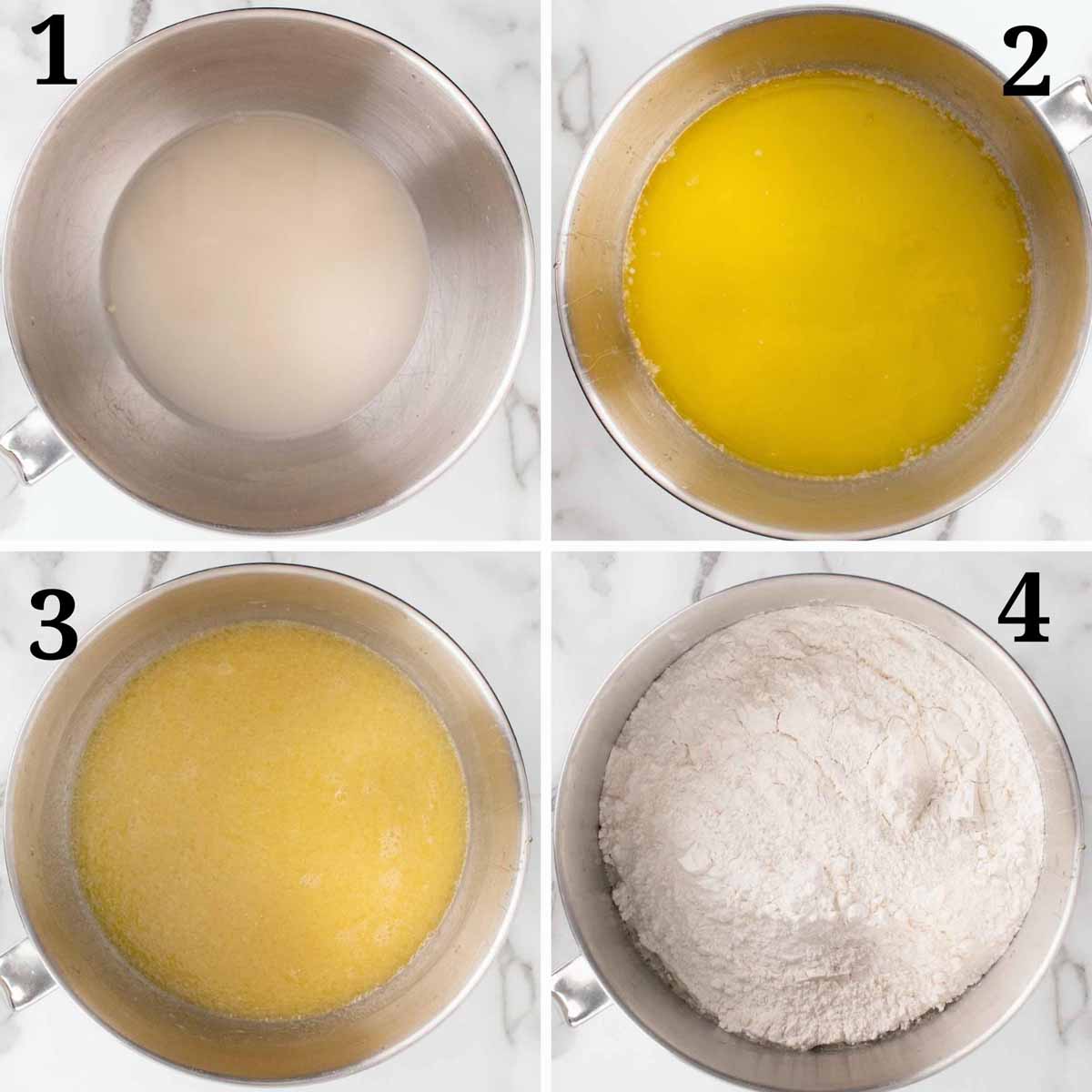 four images showing how to make no-knead brioche dough