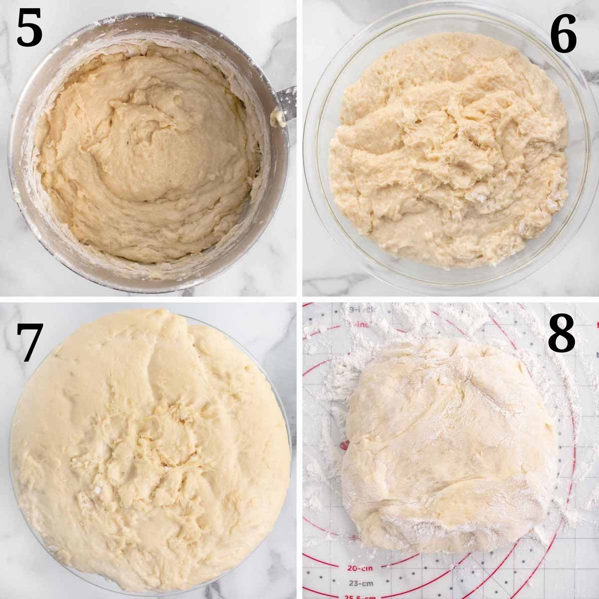 four images showing to finish makeing no-knead brioche dough