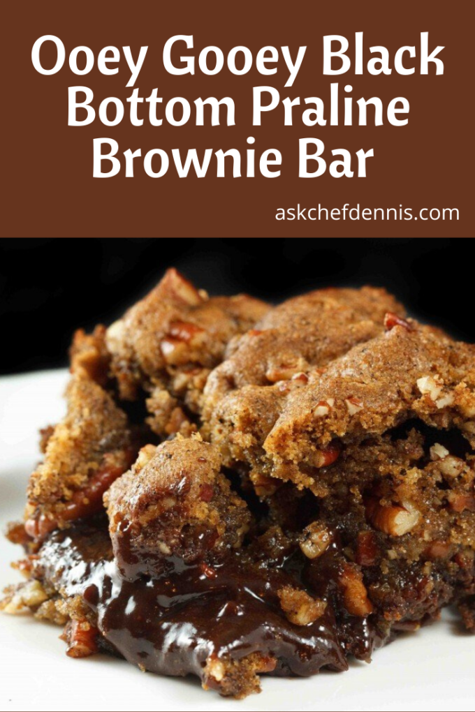 pinterest image for Ooey Gooey Black Bottom Praline Brownie Bar 