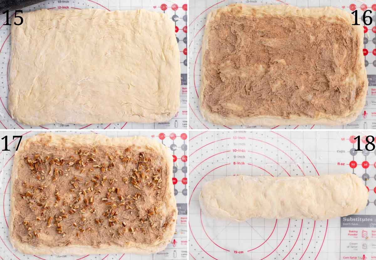 four images showing how to assemble caramel pecan log
