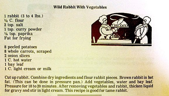 wild rabbit with vegetables vintage recipe card