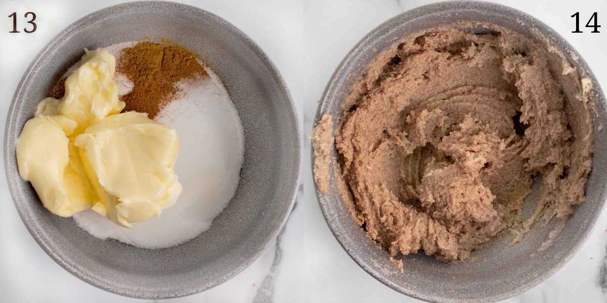 two images showing how to make a cinnamon smear for rolls