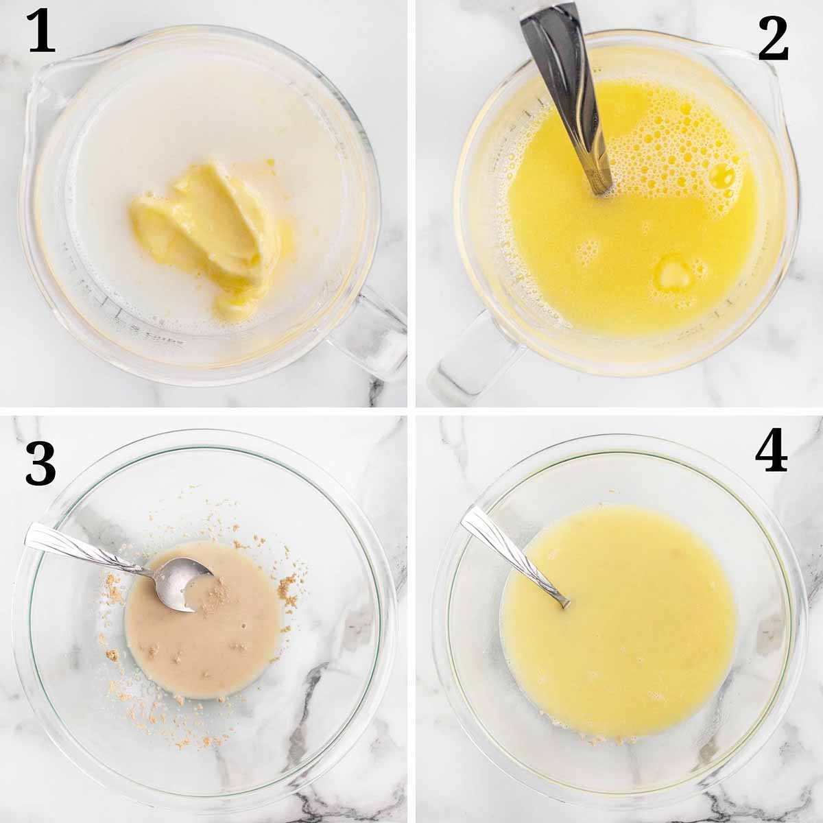 four images showing the first steps in making the dough