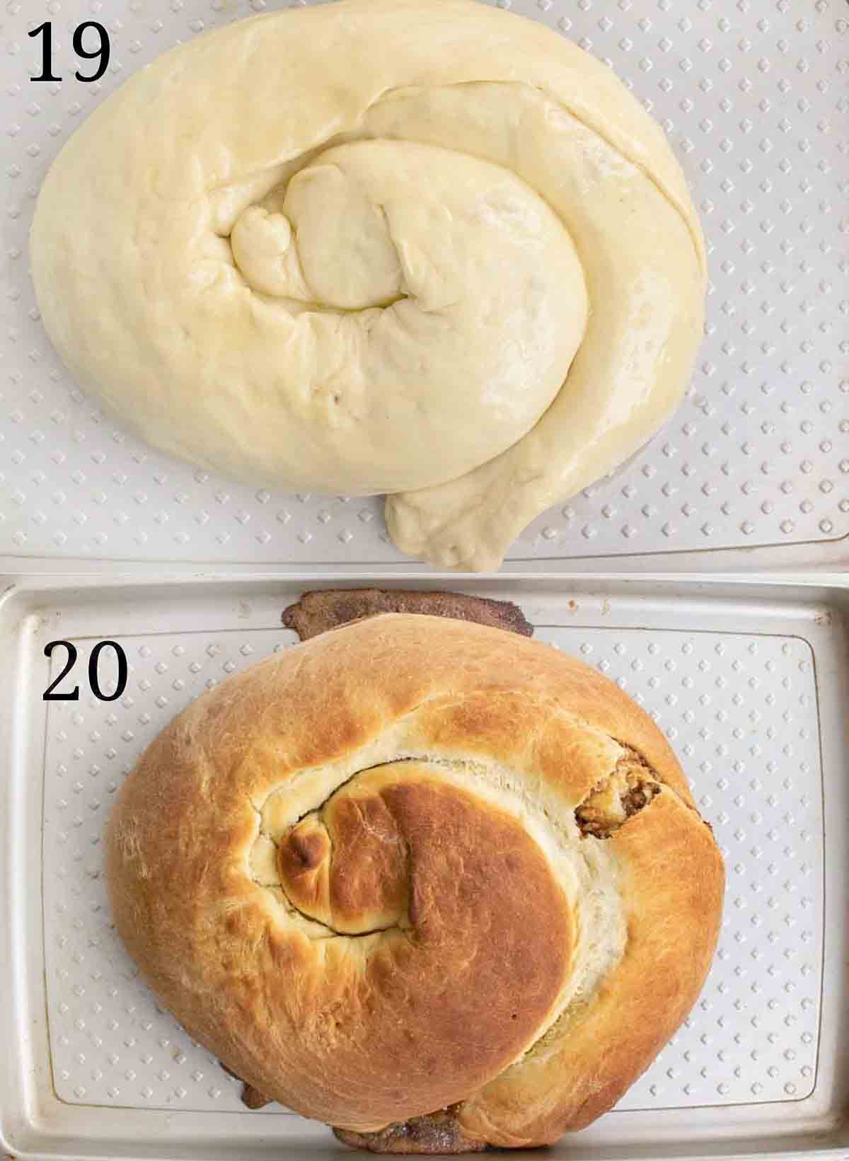 two images showing the unbaked and baked potica