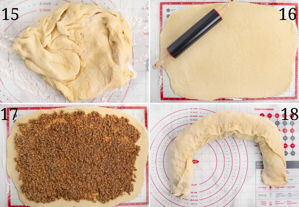 four images showing how to roll out, stuff and form the dough