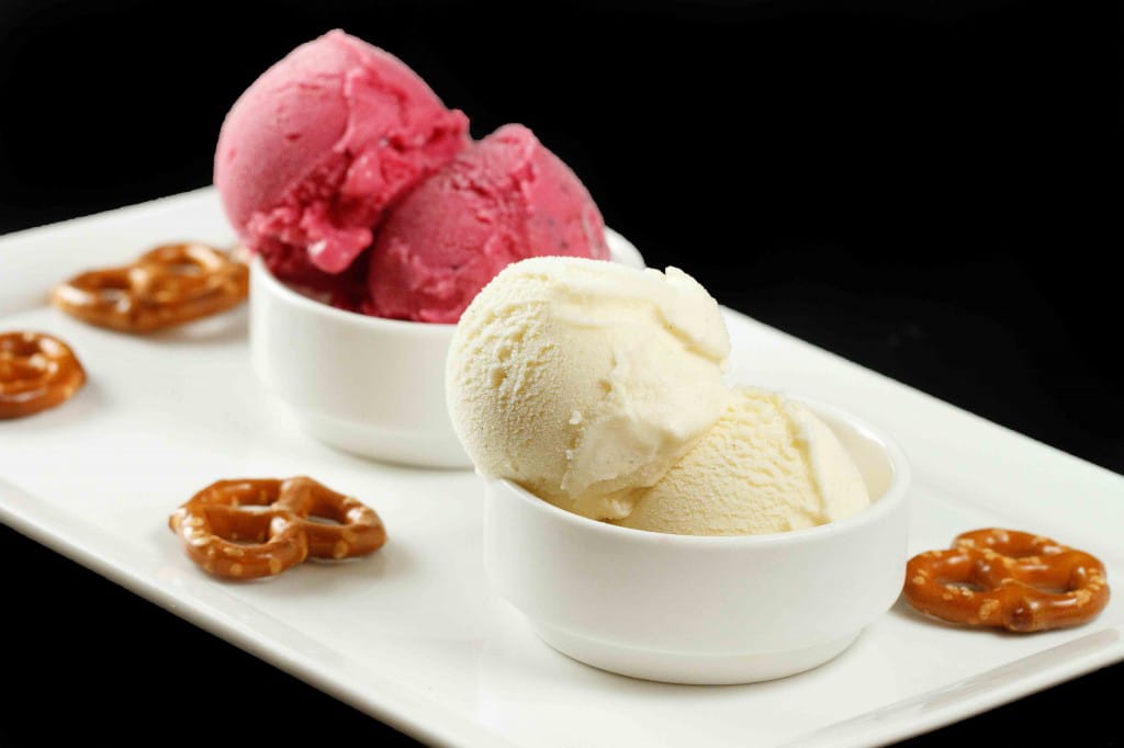 gelato-2-1024x682_edited-1 small white bowls of cranberry and egg nog gelatos on a white tray with a few pretzels on the tray
