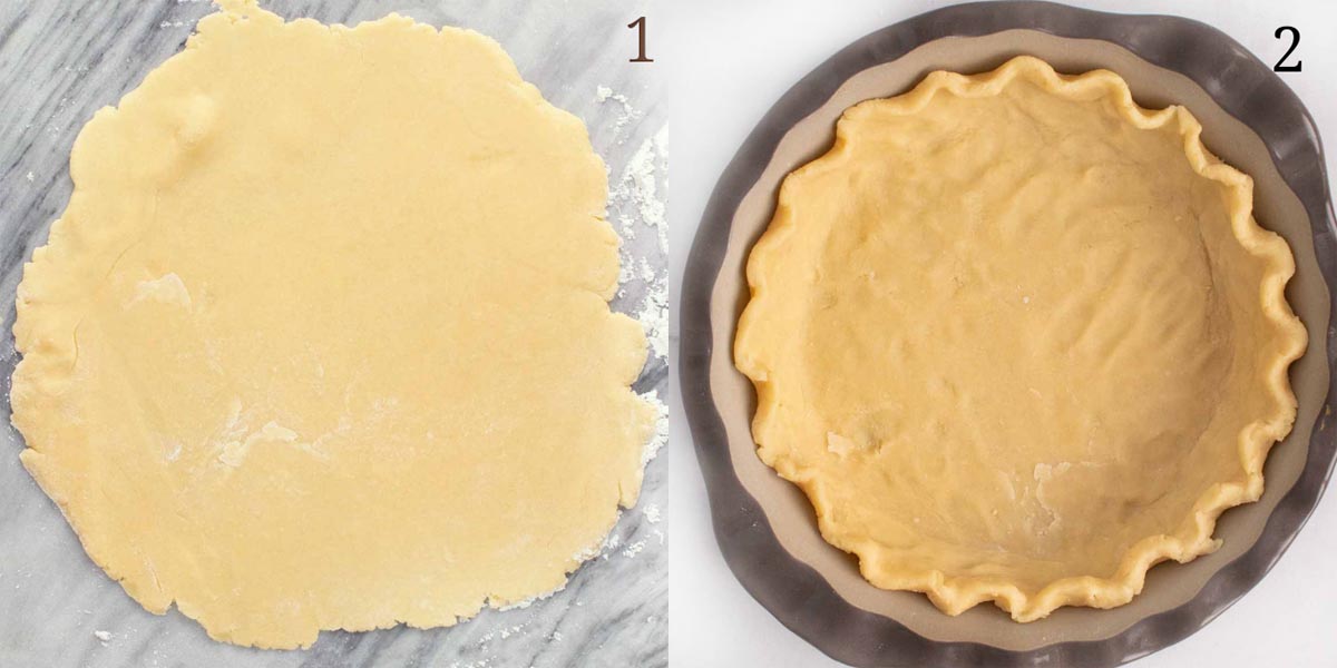 two images showing finished dough rolled out and in pie pan