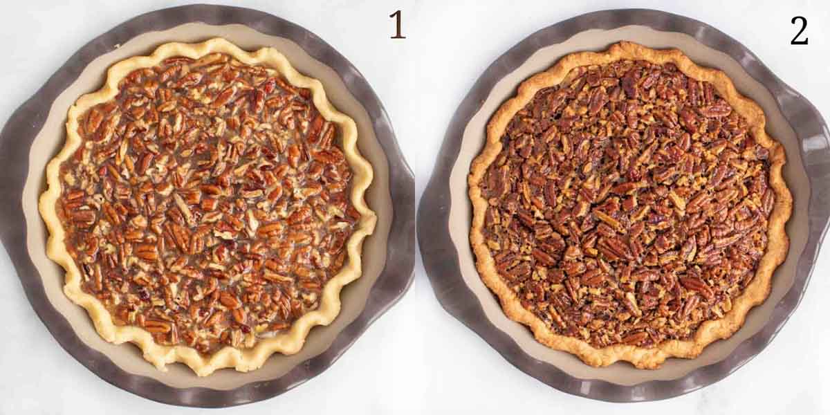 two images, one of pie unbaked and one of baked pecan pie