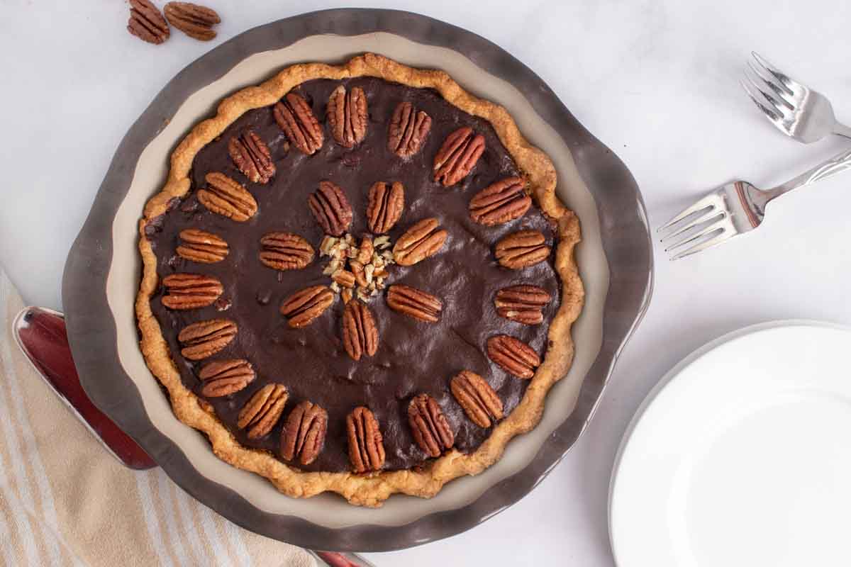 overhead view of whole pecan pie