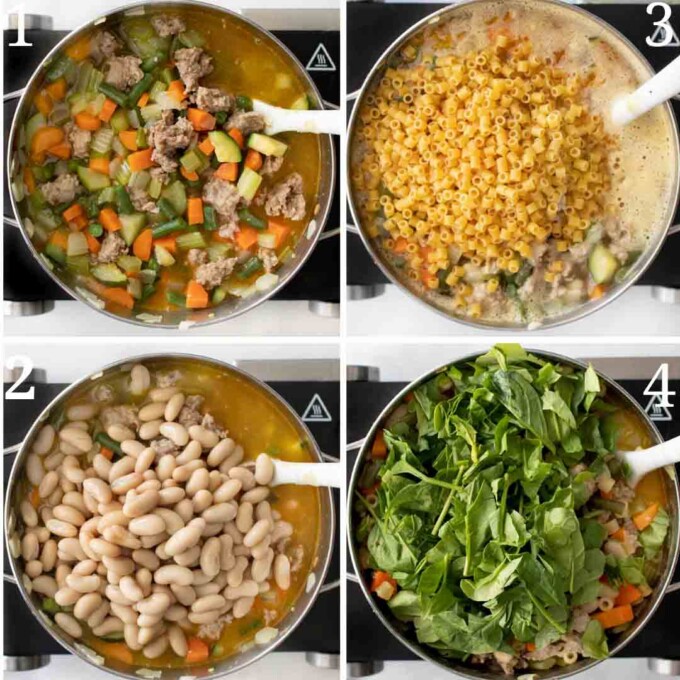four images showing the next steps in making my sausage and bean minestra