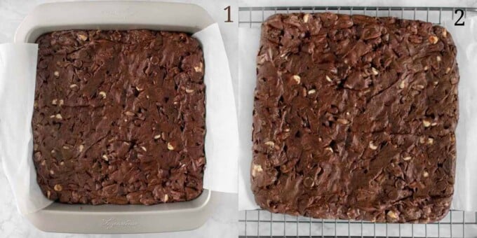 two images of baked brownies in pan and on rack