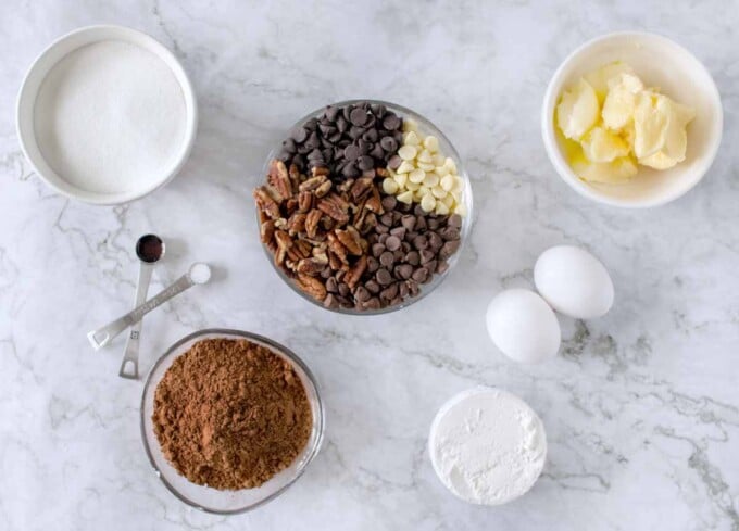 overhead view of ingredients to make brownies