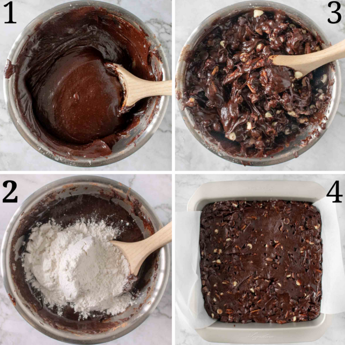 four images showing how to finish making brownies