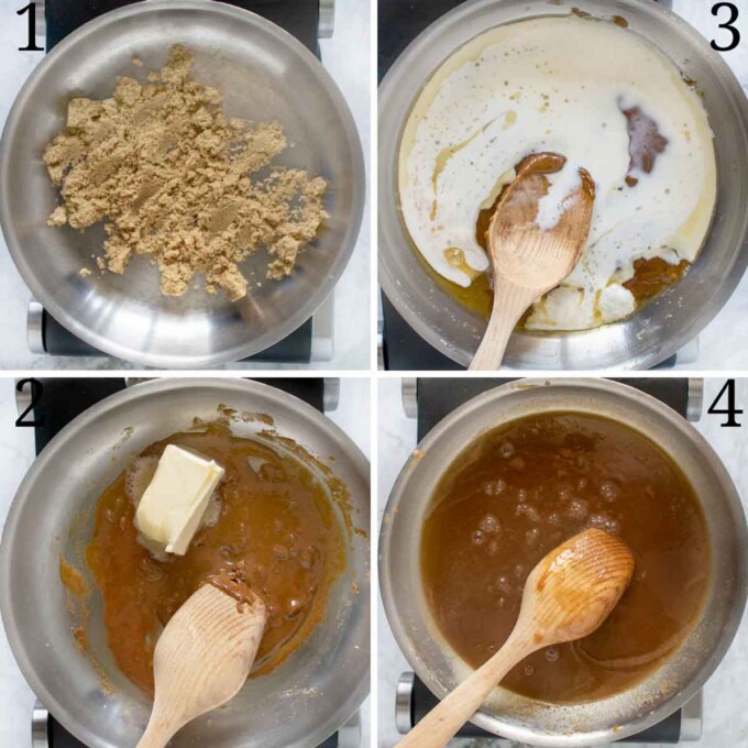 four images showing how to make dark caramel sauce