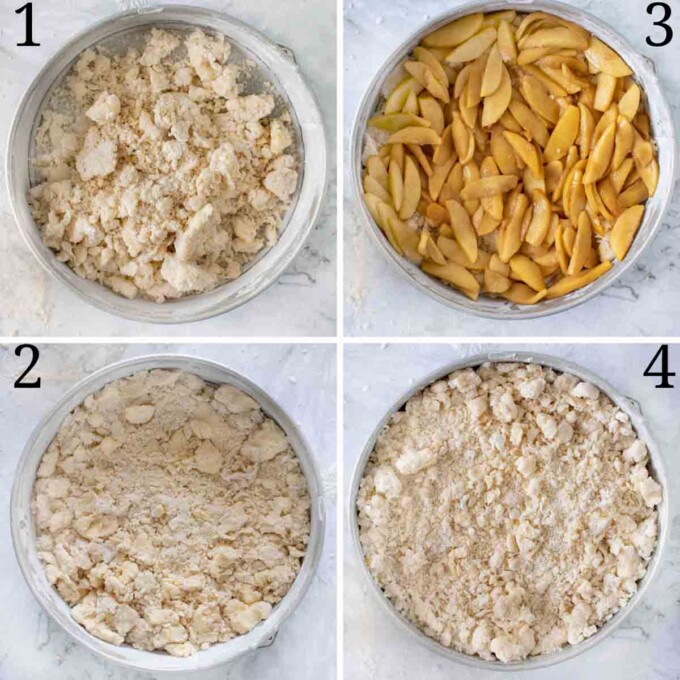 four images showing how to assemble cake in springform pan