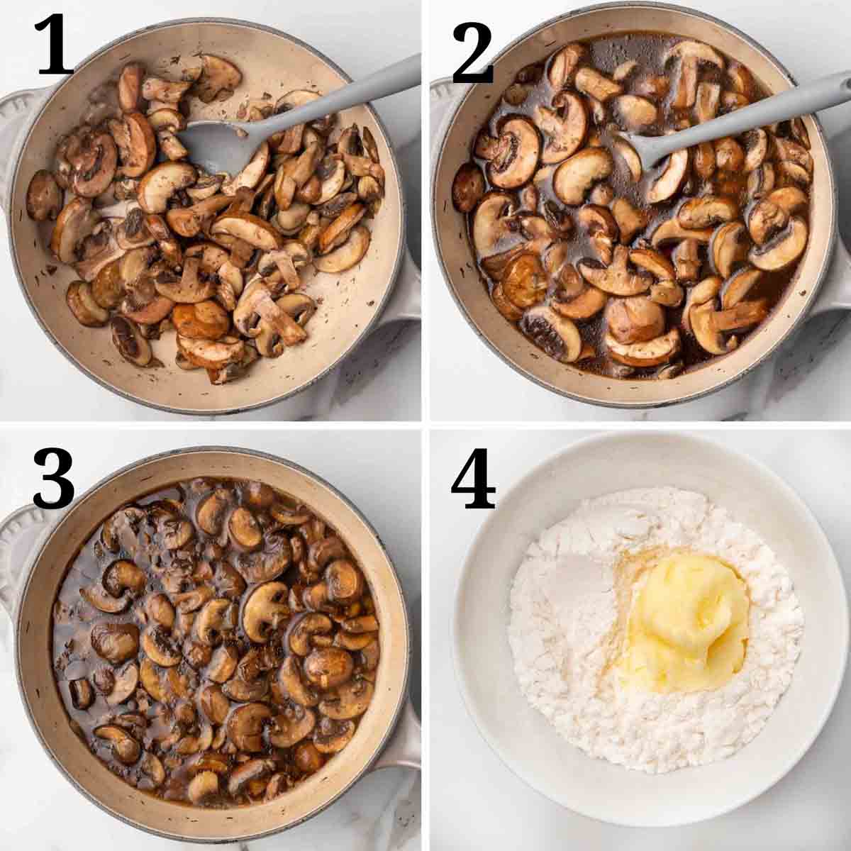 four images showing how to make a mushroom marsala sauce