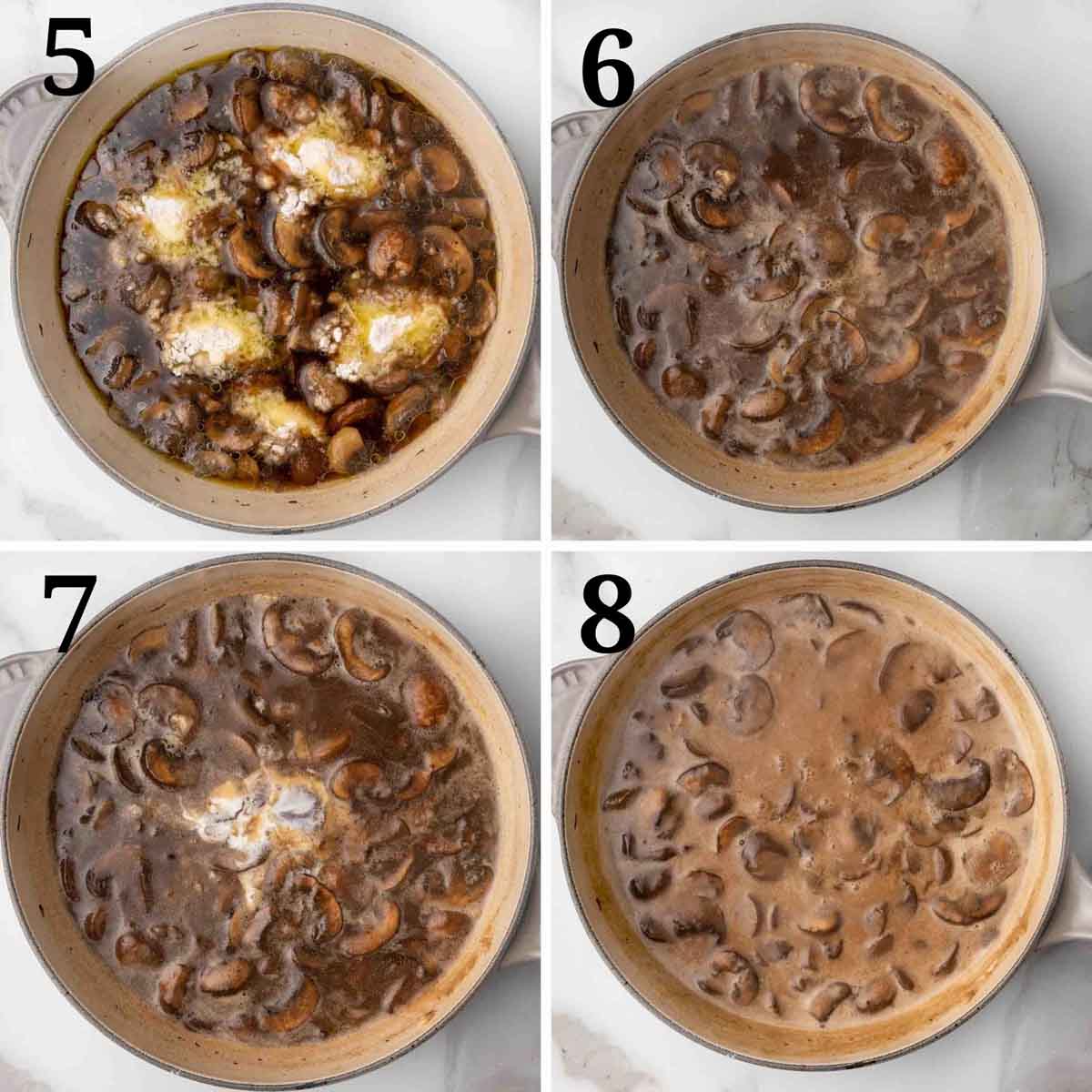 four images showing how to finish making a mushroom marsala sauce