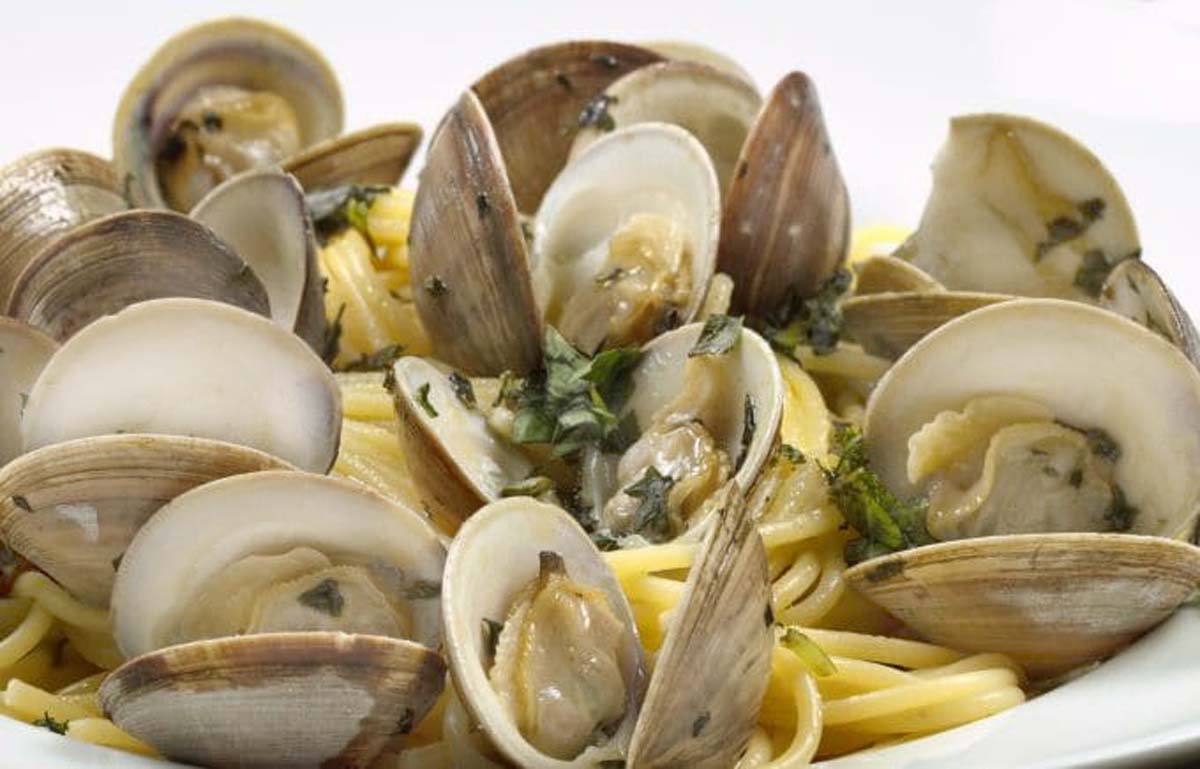 Linguine and clams in a white bowl.