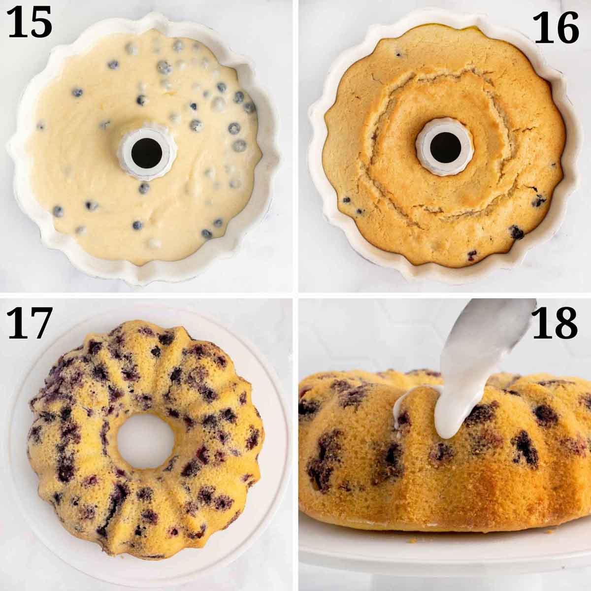 four images showing how to bake and finish the pound cake
