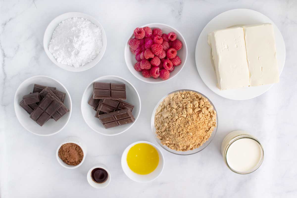 overhead view of ingredients to make a no bake chocolate cheesecake