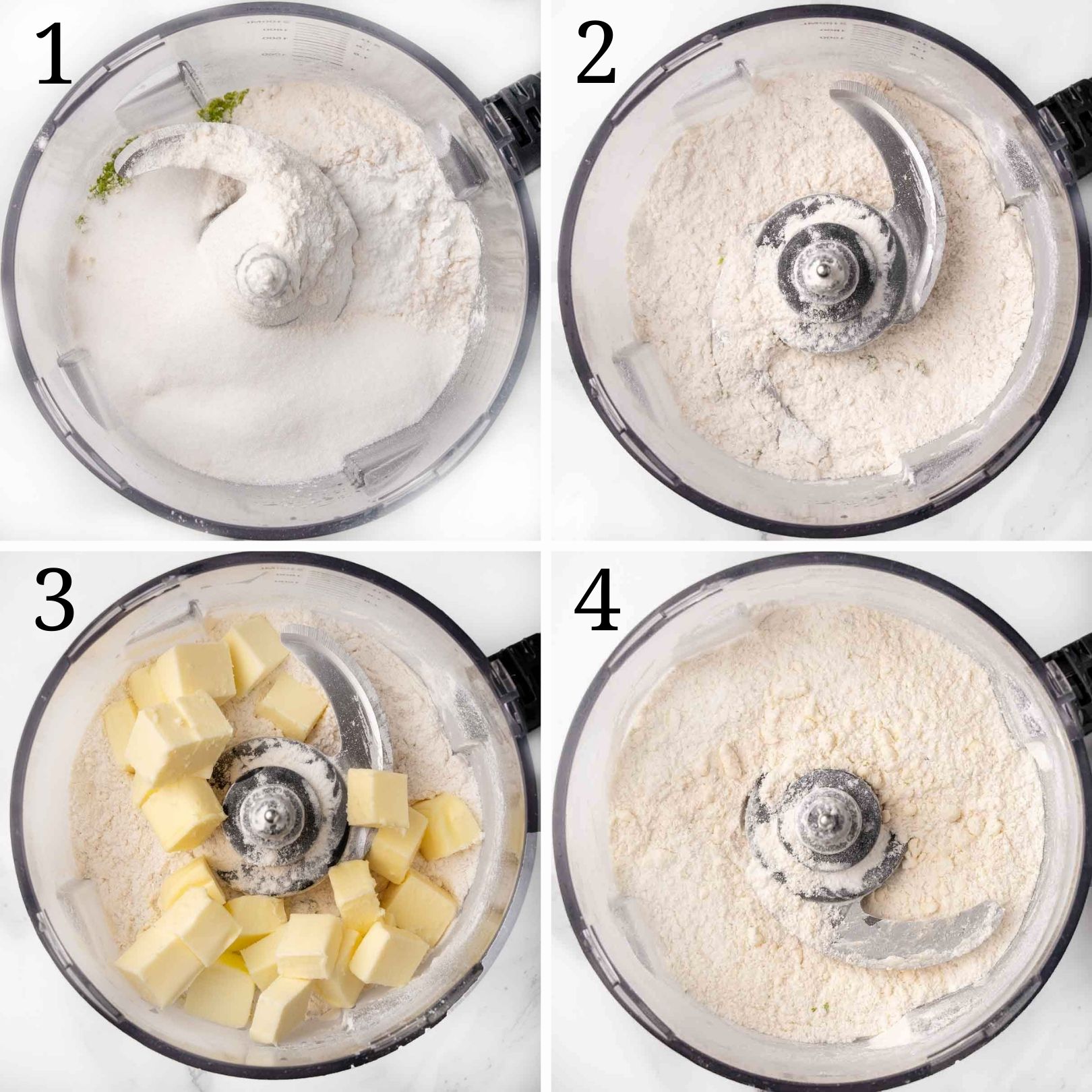 four images showing how to begin making scones in a food processor.