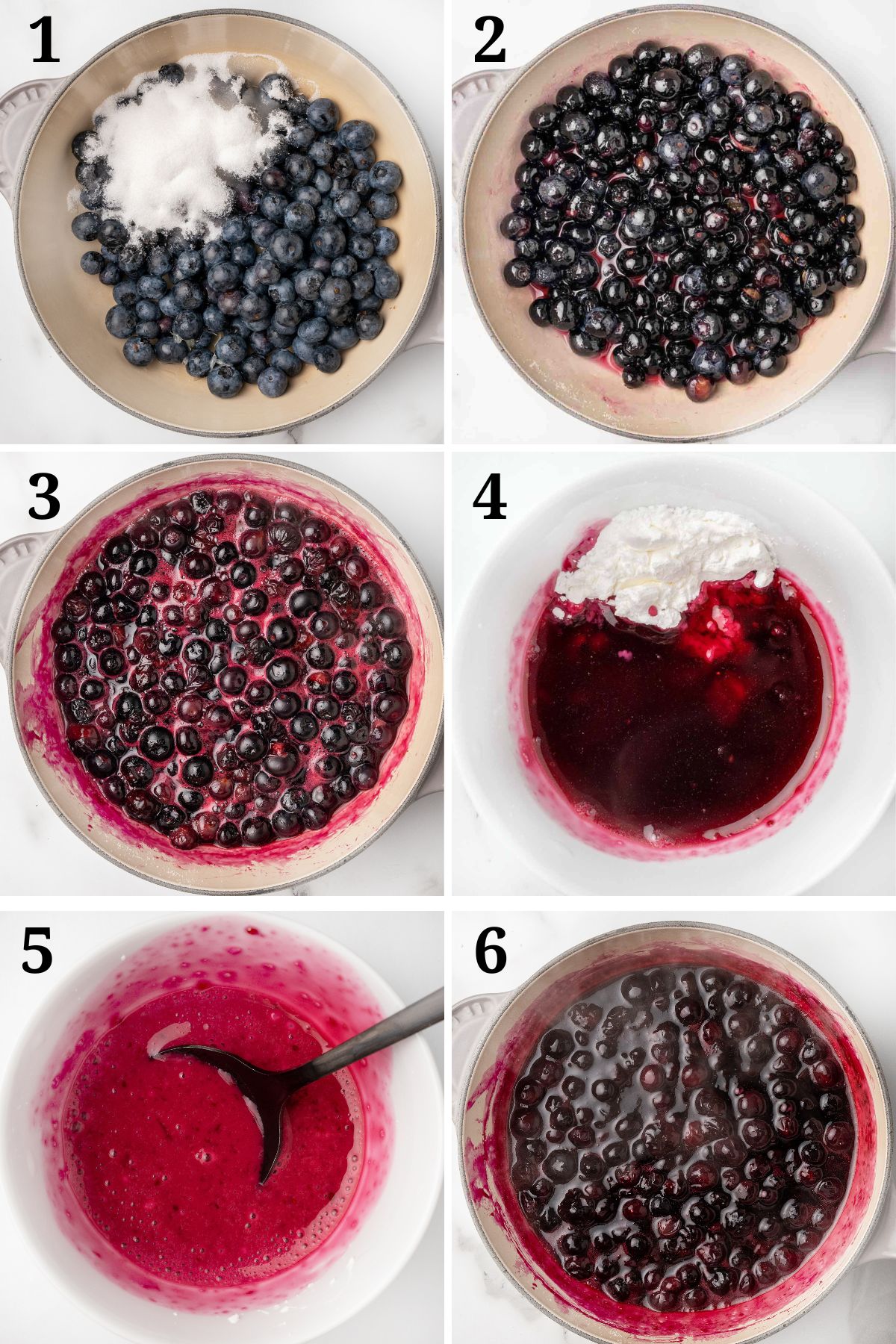 six images showing how to make the blueberry compote.
