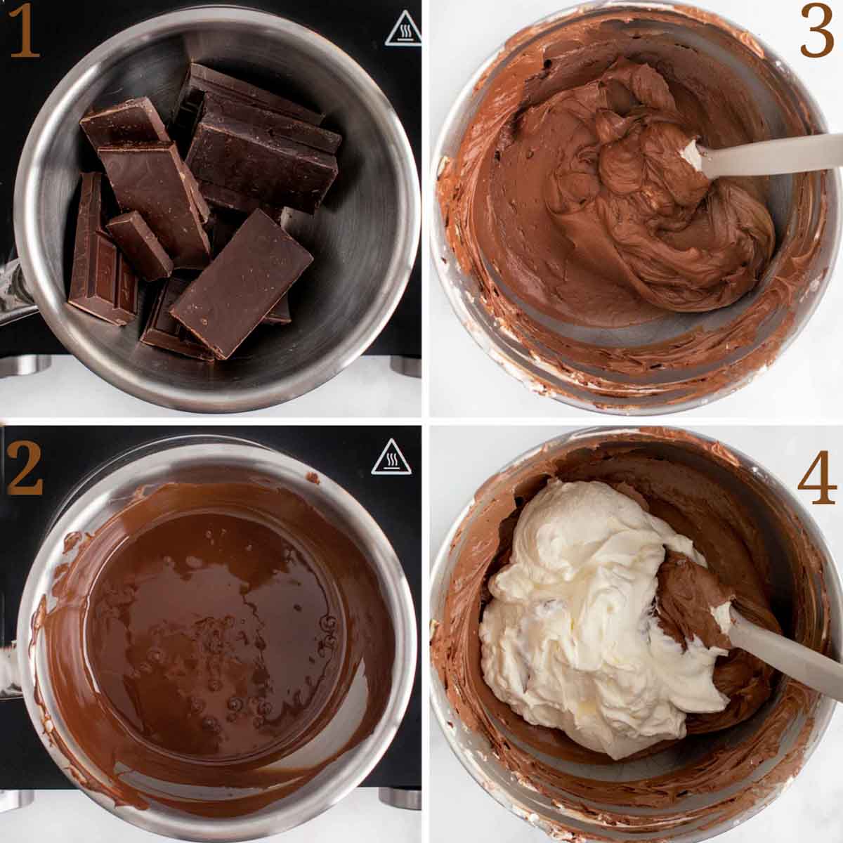 four steps showing the chocolate portion of the cheesecake