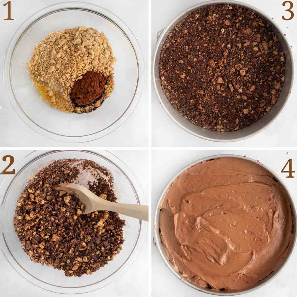 four images showing how to make the crust and finish the cheesecake