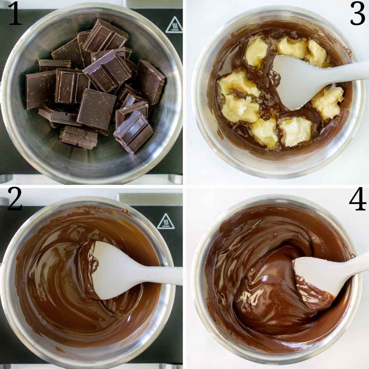 four images showing how to prepare the chocolate for the mousse