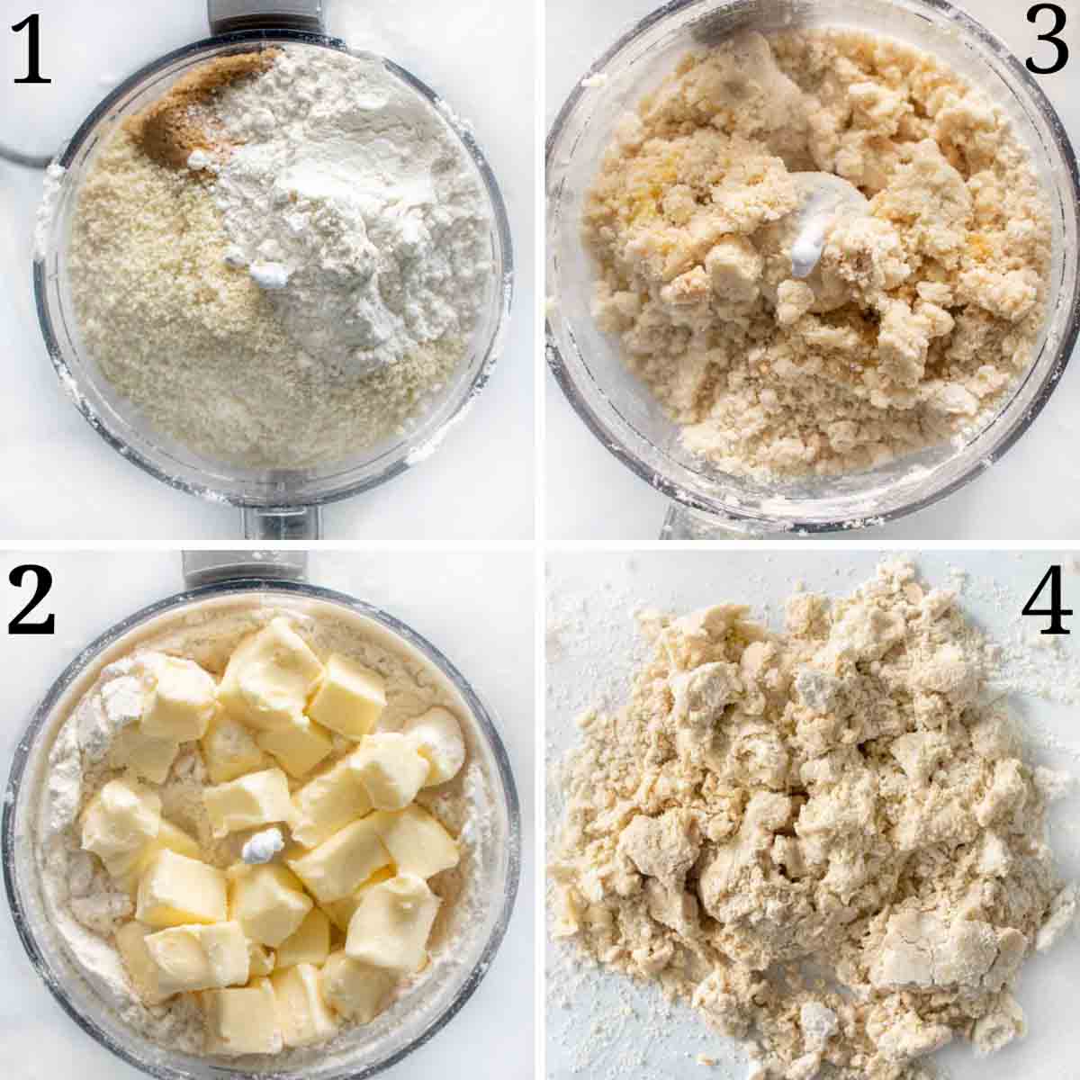 four images showing how to make the dough for the pie crust