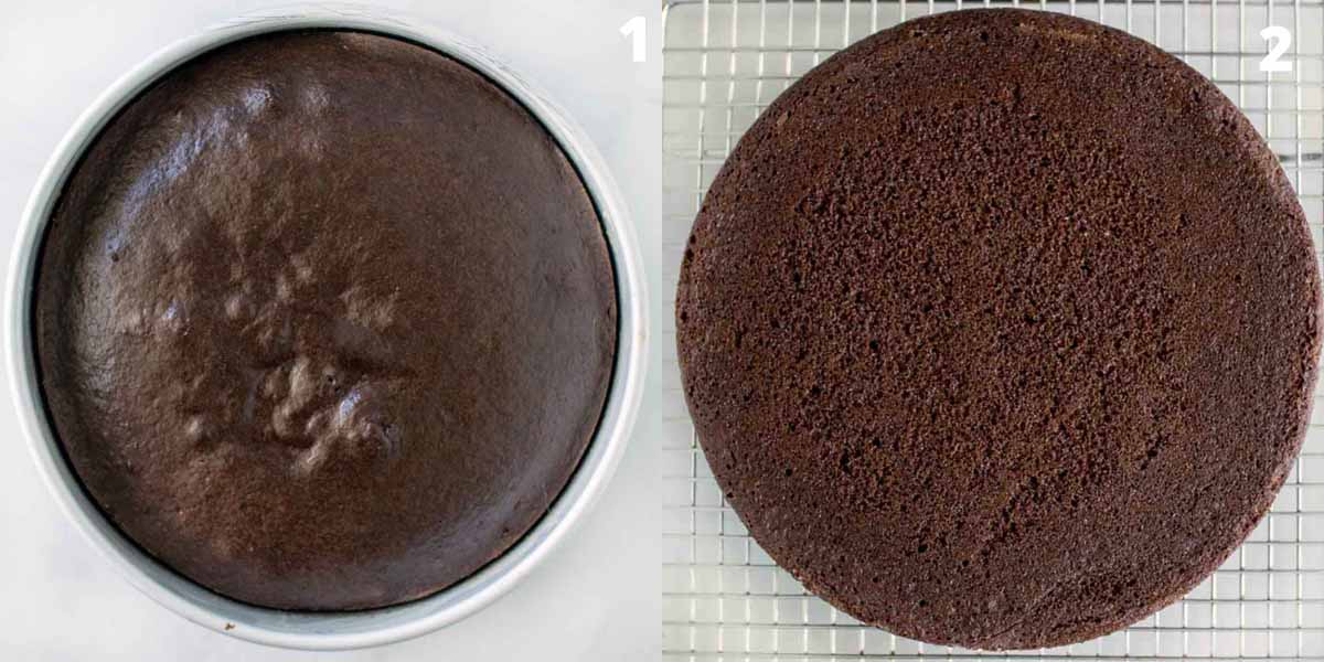 two images showing finished cake in the pan and on a cooling rack