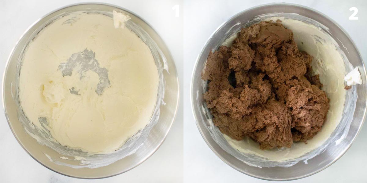 two images showing how to make the chocolate mousse mascarpone frosting