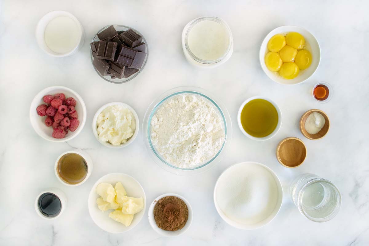 overhead view of ingredients to make chocolate mousse cake