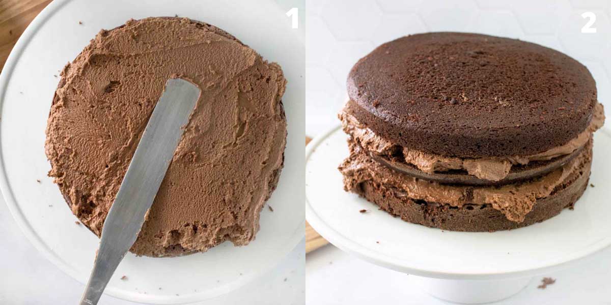 two images showing how to assemble the chocolate mousse cake