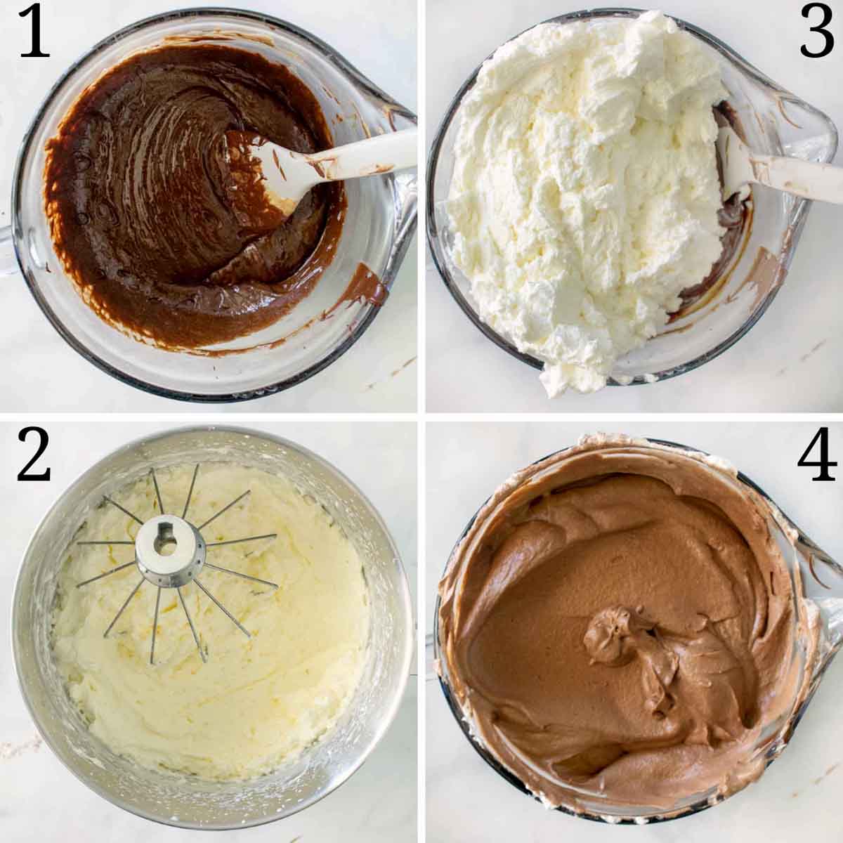 four images showing how to finish making the chocolate mousse