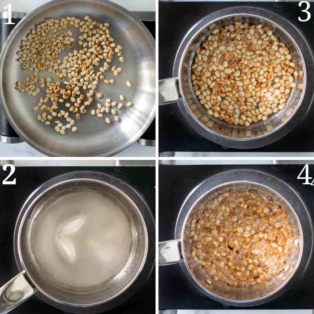 four images showing how to make pine nut brittle