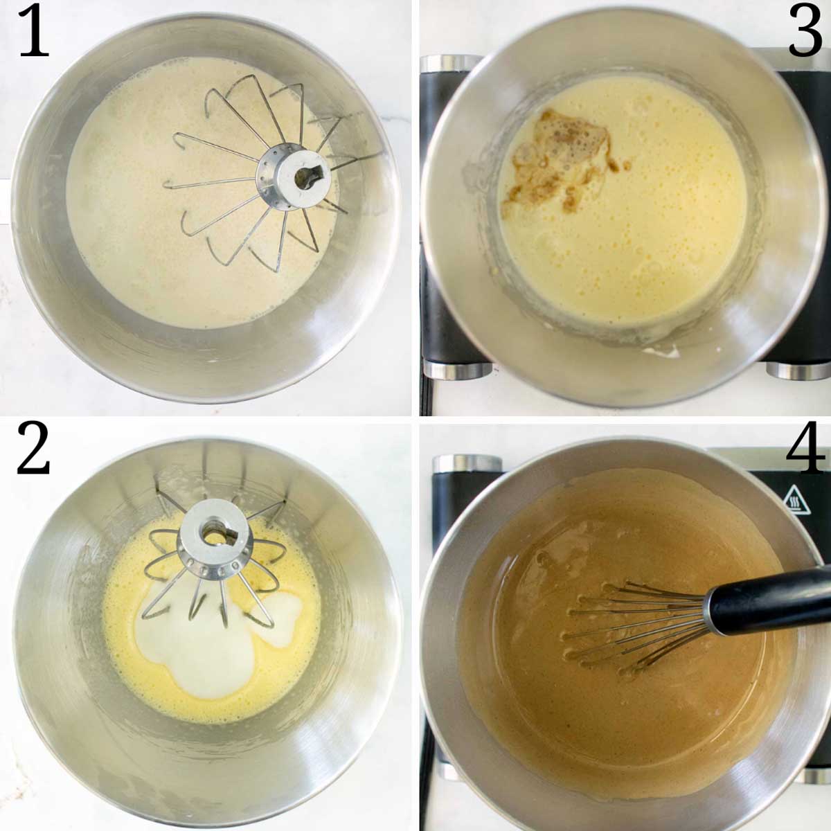 four images showing how to prepare the sabayon for the chocolate mousse