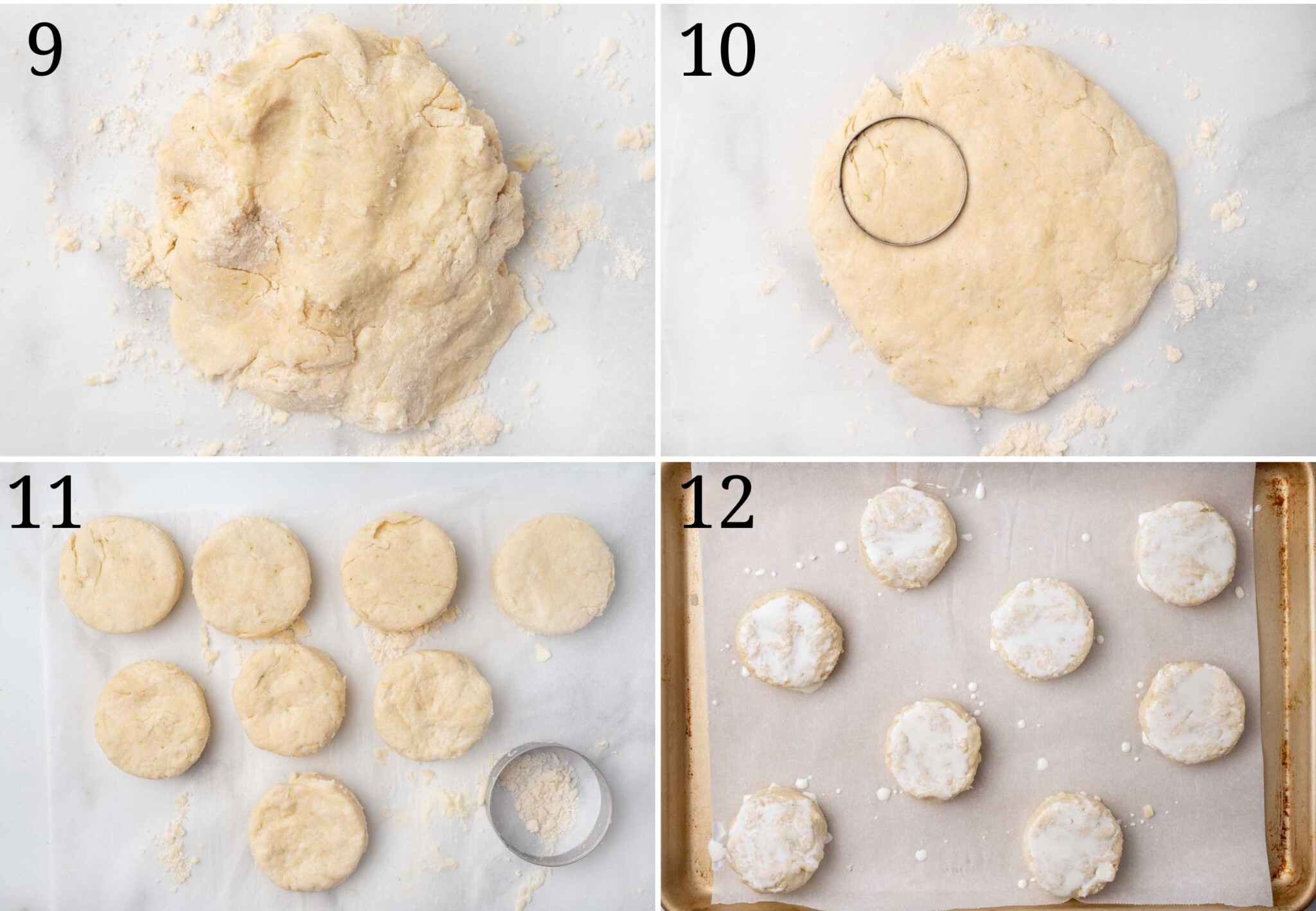 four images showing how to work the scone dough and make the scones